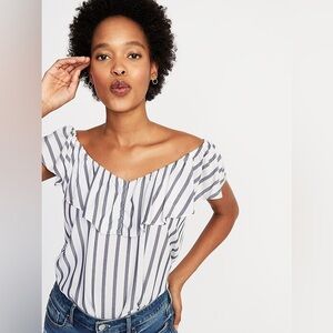 Old Navy Blue and White Striped Ruffle Blouse